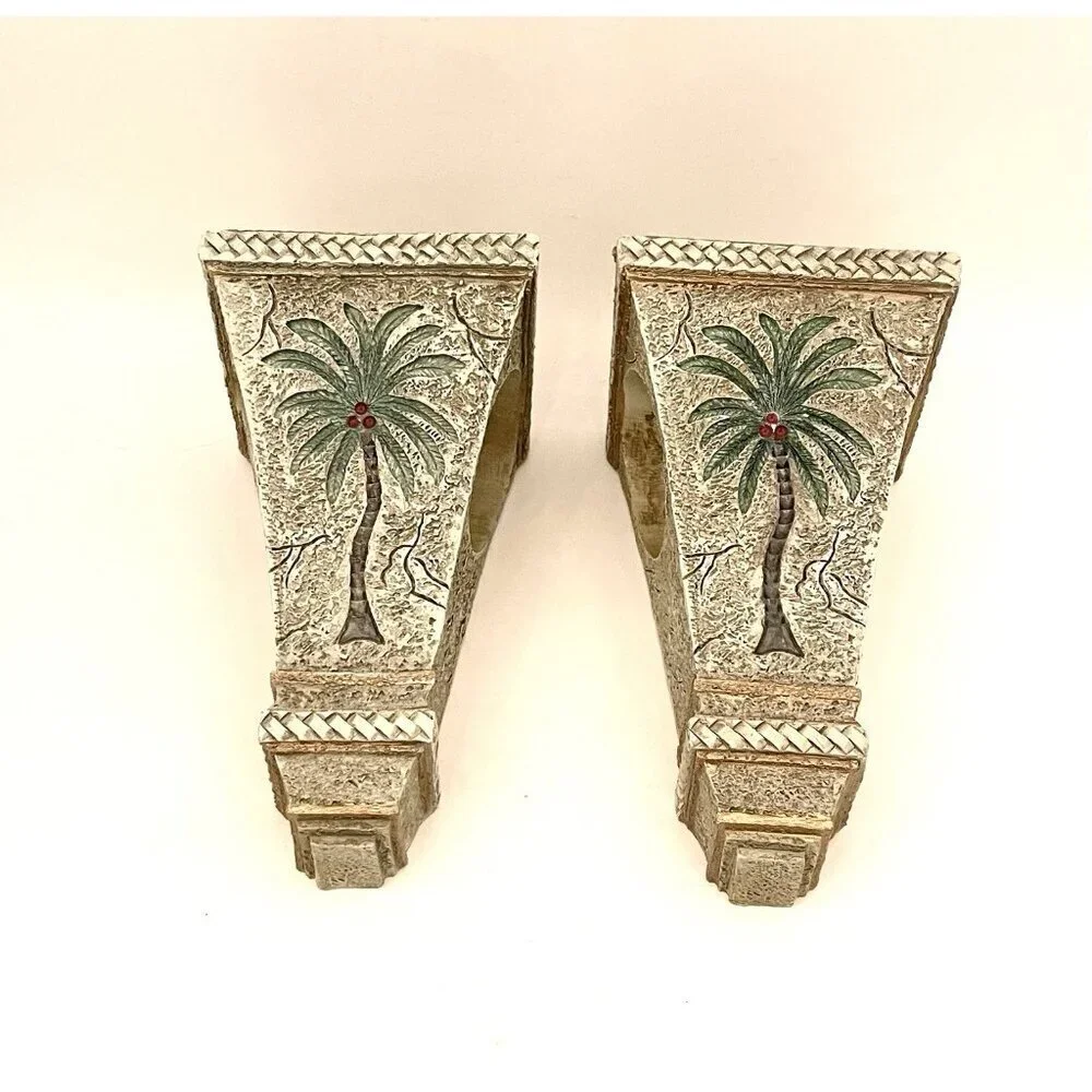 Palm Tree Curtain Rod Corbels set Resin 7x4x3.5” Tropical Decor